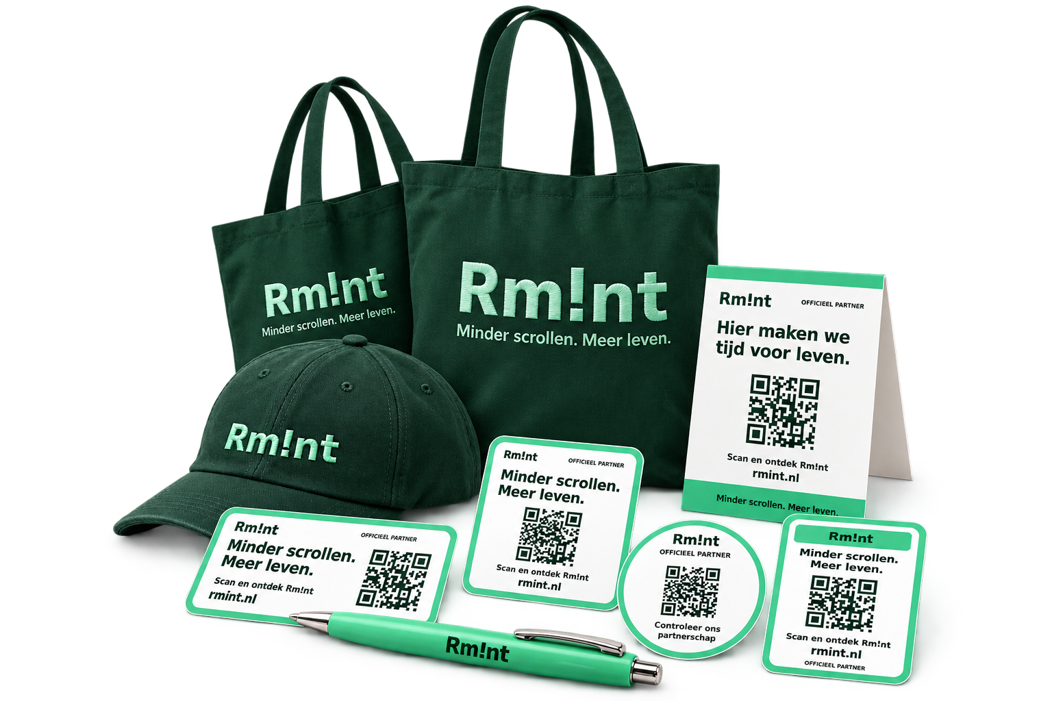 Het complete Rm!nt-partnerpakket met tasjes, stickers, petje, pen en baliekaart